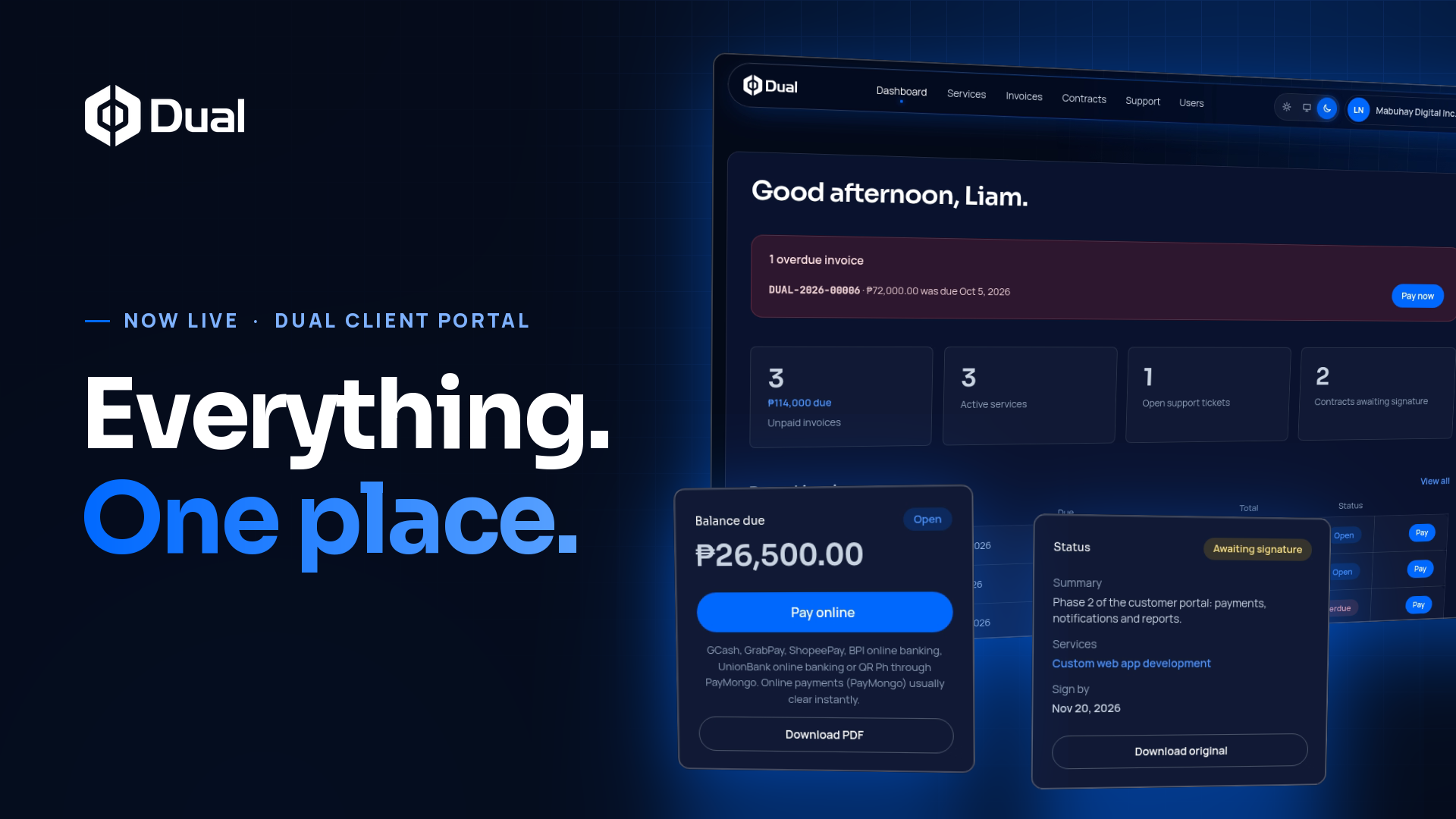 Dual Client Portal: Everything. One place. Dashboard, invoice and contract screens on a dark blue background.