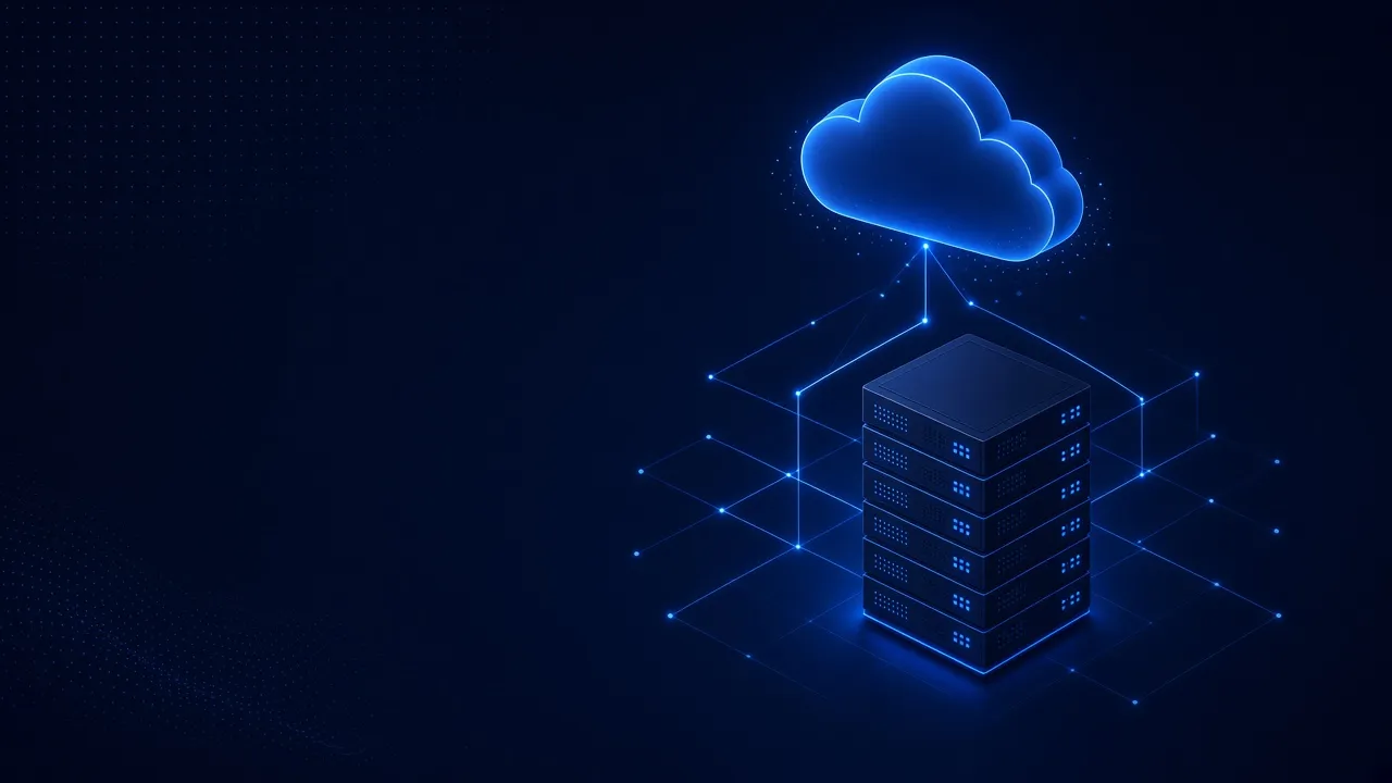 Illustration of a server rack connected to a cloud by glowing network lines