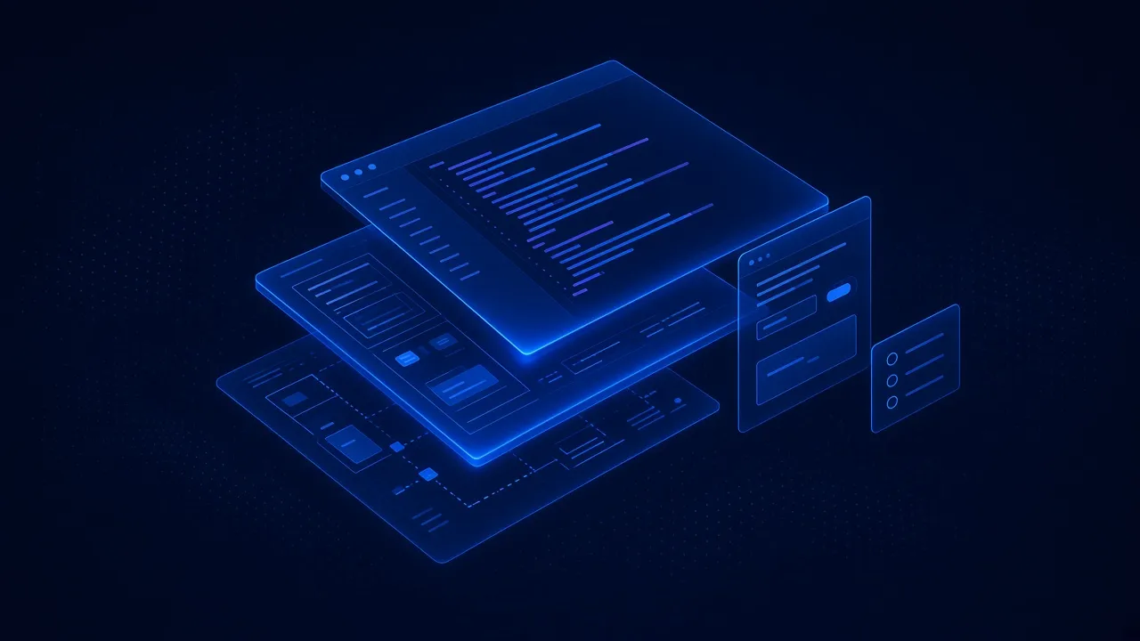 Illustration of layered code editor and app interface windows glowing in blue