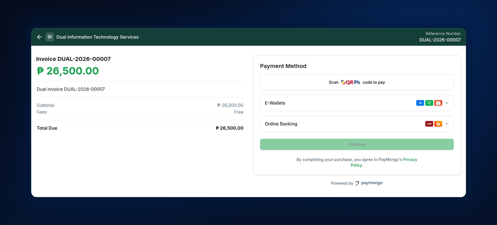 PayMongo checkout for ₱26,500.00 with QR Ph, e-wallet and online banking options