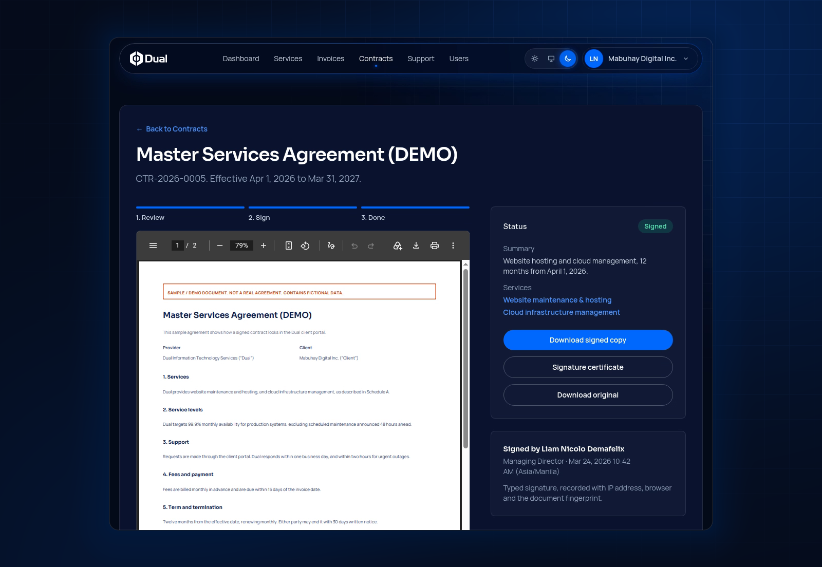 A signed Master Services Agreement with buttons to download the signed copy, certificate and original
