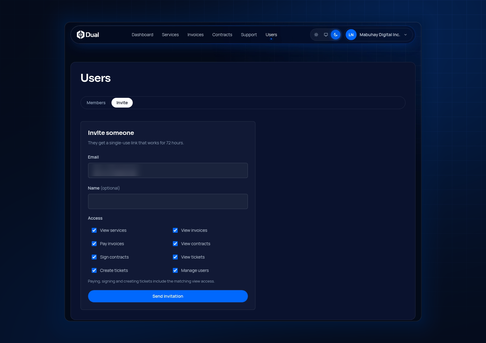 Invite form with access checkboxes for each permission