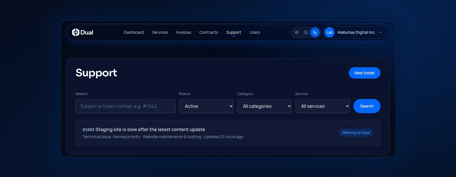 Support page with a New ticket button, filters and an open ticket
