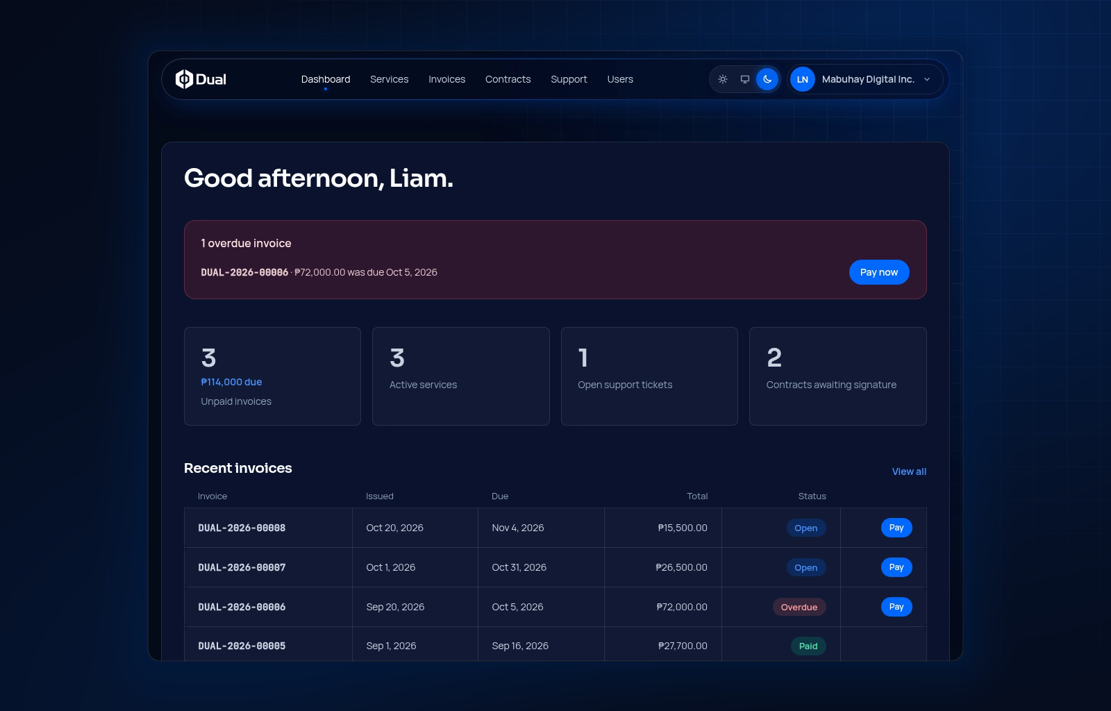 Dual Client Portal dashboard showing an overdue invoice notice, unpaid invoices, active services, open tickets and contracts awaiting signature
