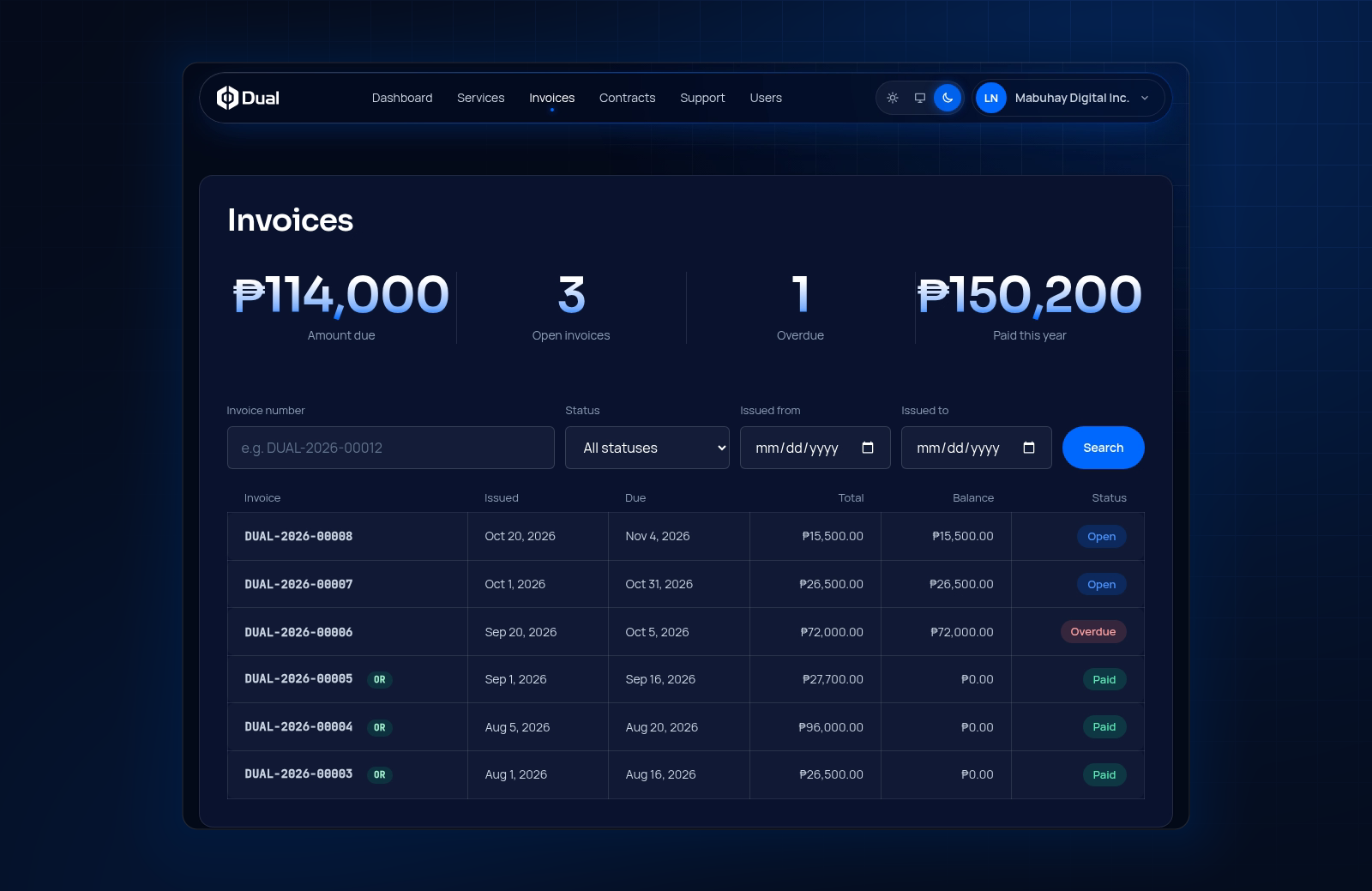 Invoices page with amount due, open, overdue and paid totals above a filterable invoice list