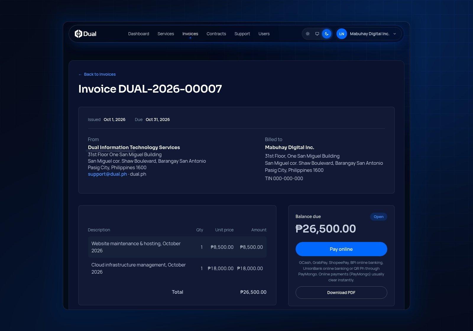 Invoice DUAL-2026-00007 with a balance due of ₱26,500.00, a Pay online button and a Download PDF button