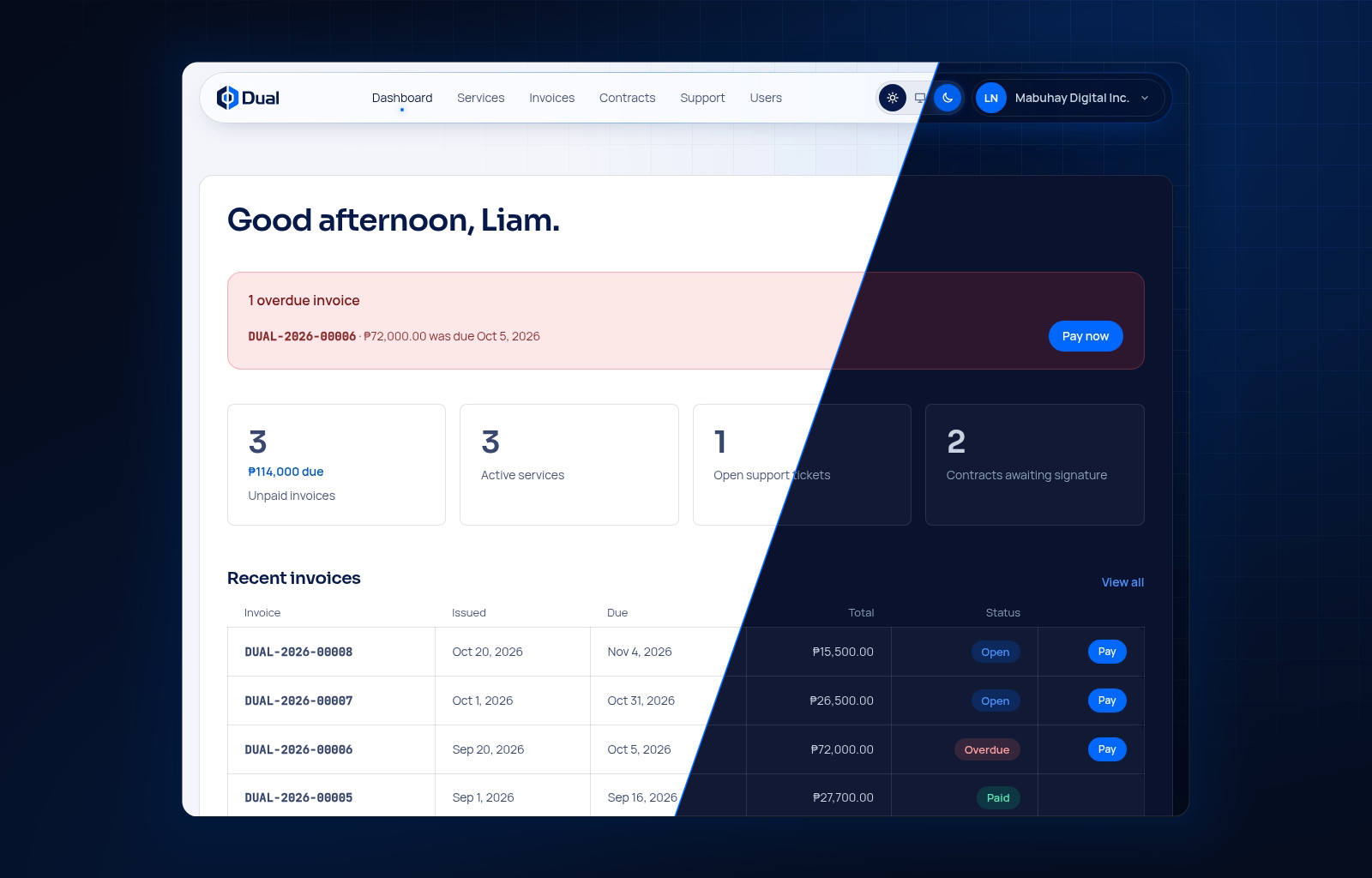 Portal dashboard split into light mode and dark mode